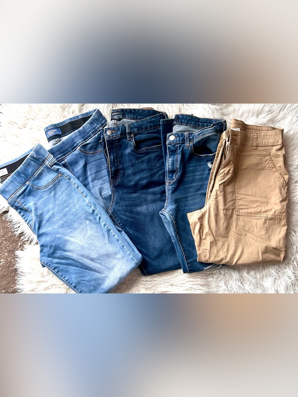 Bundle Women's Blue Skinny Jeans Trio - Dark to Light Wash and khaki capri pants